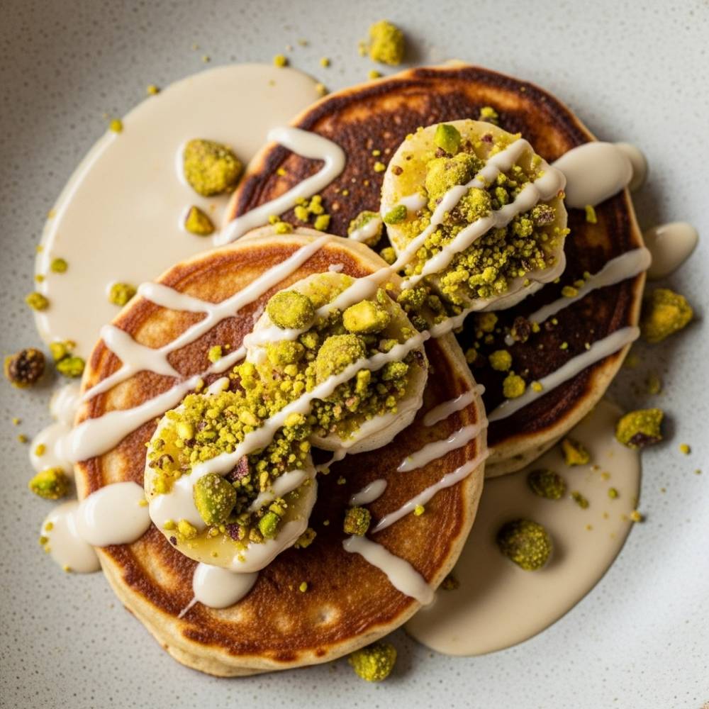 Banana Tahini Pancakes with Pistachio Crumble